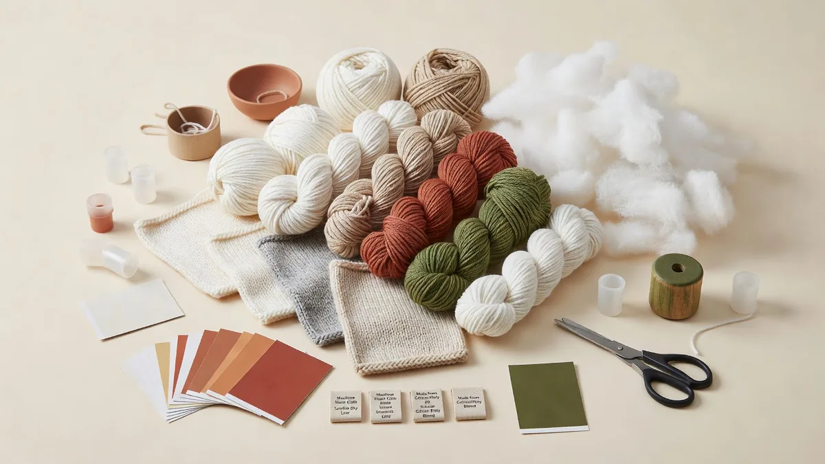 Matasse di filato, campioni di maglia, fiberfill, squeaker a lamella in plastica e cartelle colore per la produzione di giocattoli per cani in maglia con squeaker