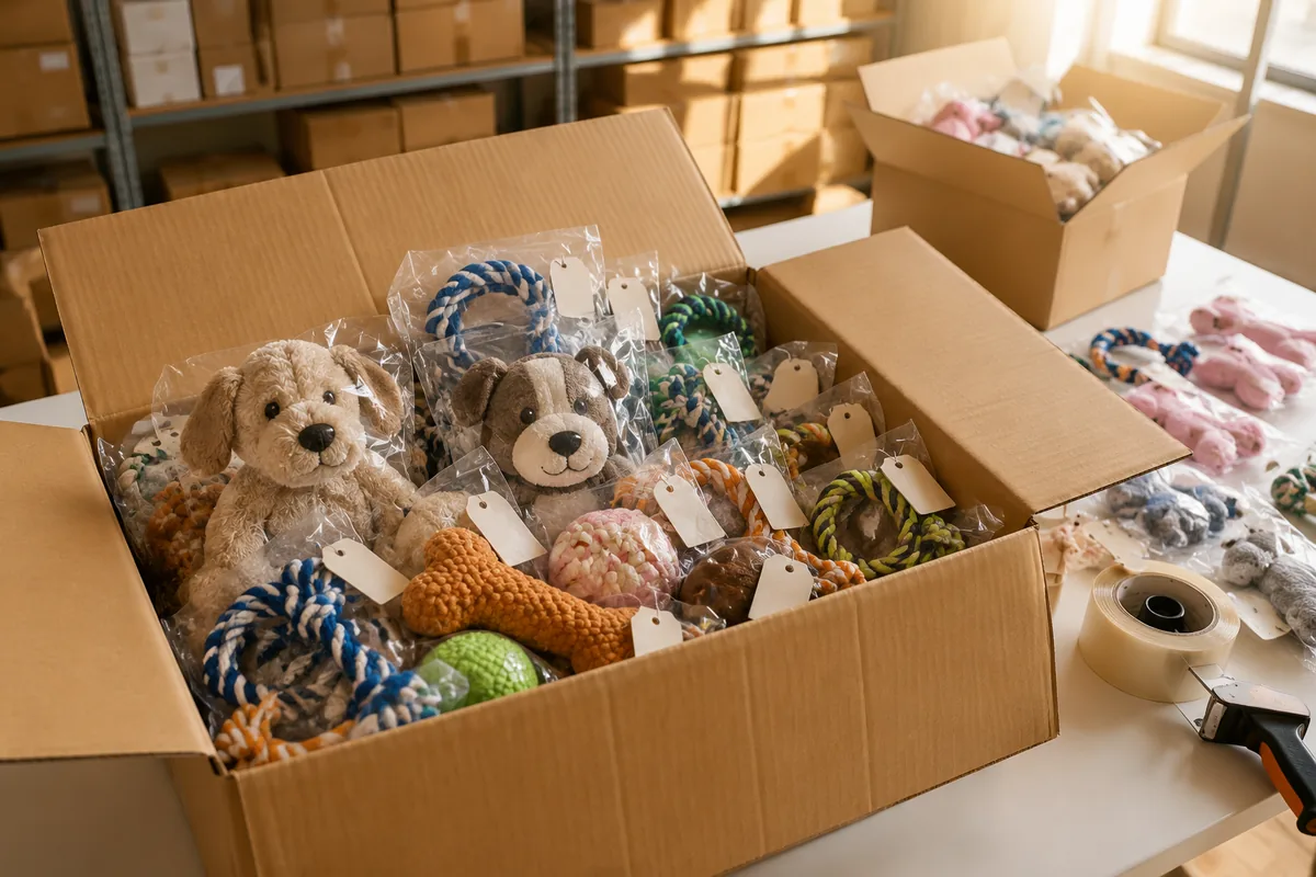 Master carton aperto con giocattoli per cani in peluche misti e masticativi in corda in polybag, preparati per l’imballo export a basso MOQ