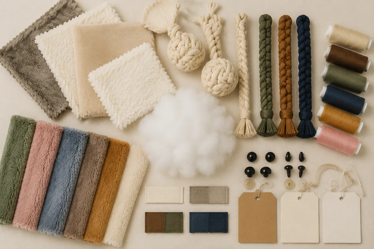 Campioni di tessuto peluche, fiberfill, treccia di corda in cotone, filo da ricamo e hangtag disposti per la RFQ a un produttore di giocattoli per pet da doppio catalogo