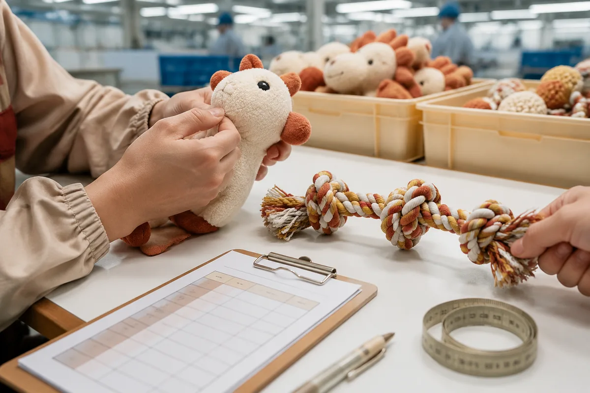 Ispezione QC delle cuciture del peluche e test di tiro del tug multi-nodo su un banco di fabbrica con strumenti di misura