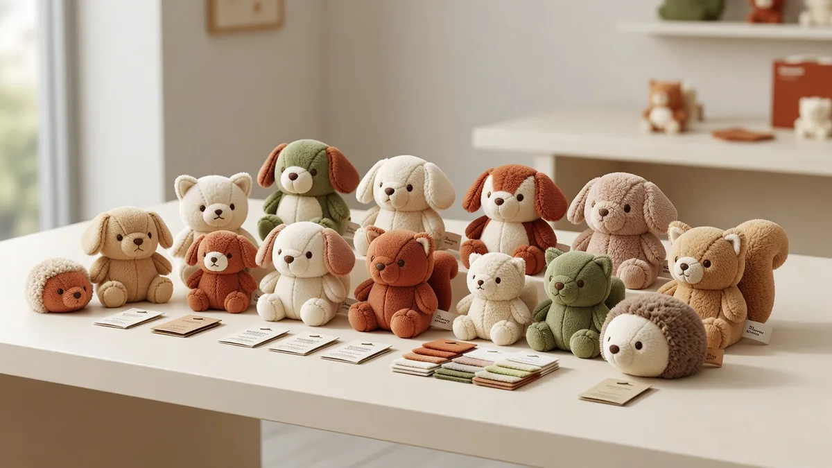 Assortimento di mini peluche a forma di cane su un banco campionatura color crema caldo, con etichette tessute e hangtag per buyer wholesale bulk