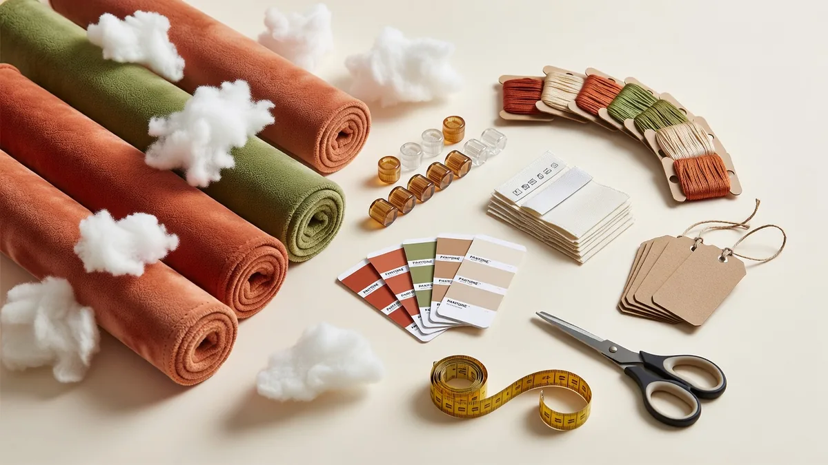 Flatlay materiali per mini peluche a forma di cane in bulk: tessuto a pelo corto, fiberfill, squeaker, etichette tessute, hangtag e cartelle colore