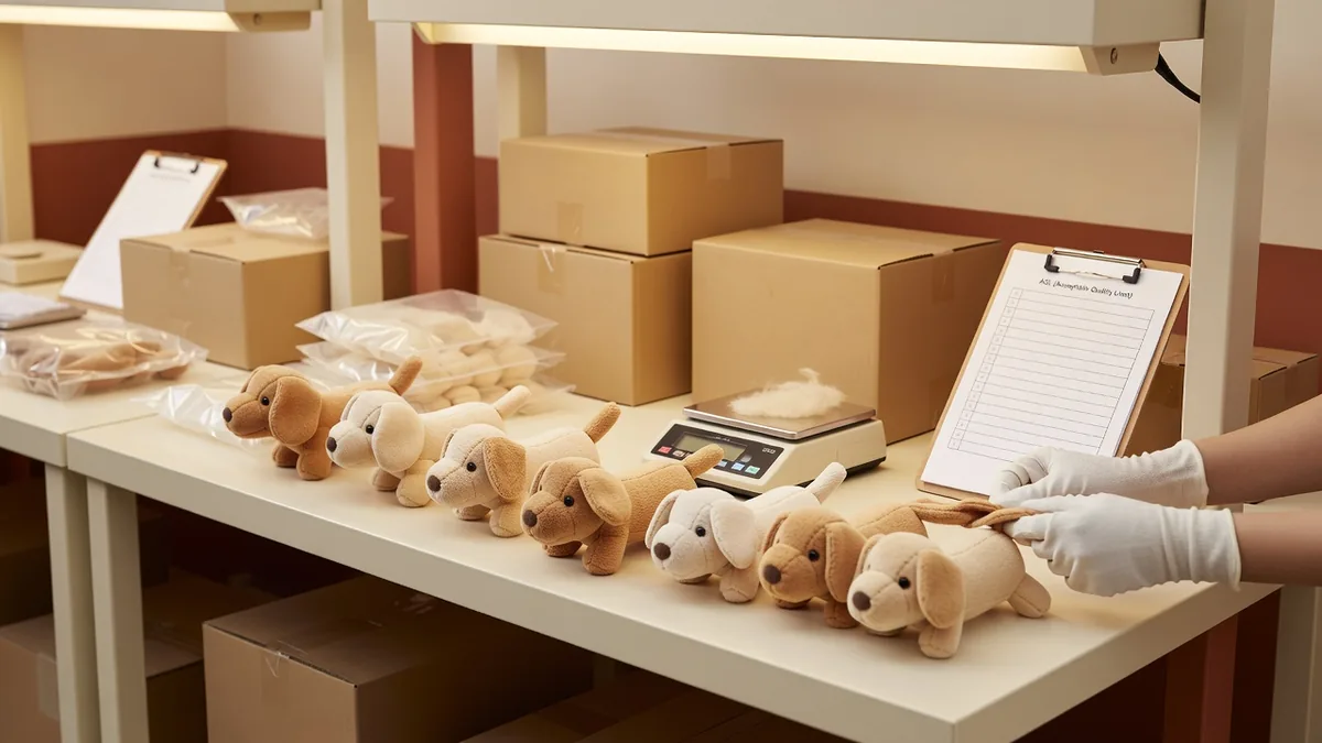 Stazione QC che controlla cuciture, peso di imbottitura e pack-out bulk di un mini peluche a forma di cane prima dei cartoni export