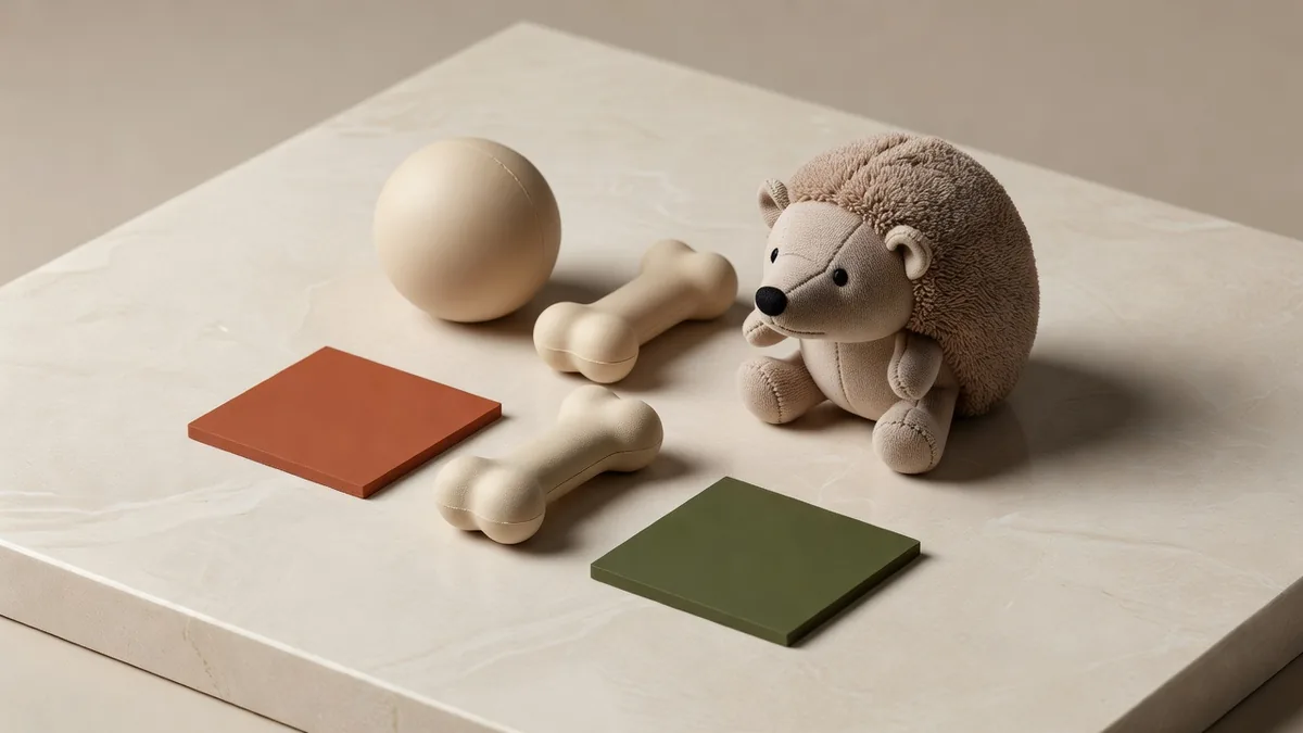 Palline in TPR e un riccio in cotone e nature rubber su un banco campioni per un brief materiali OEM