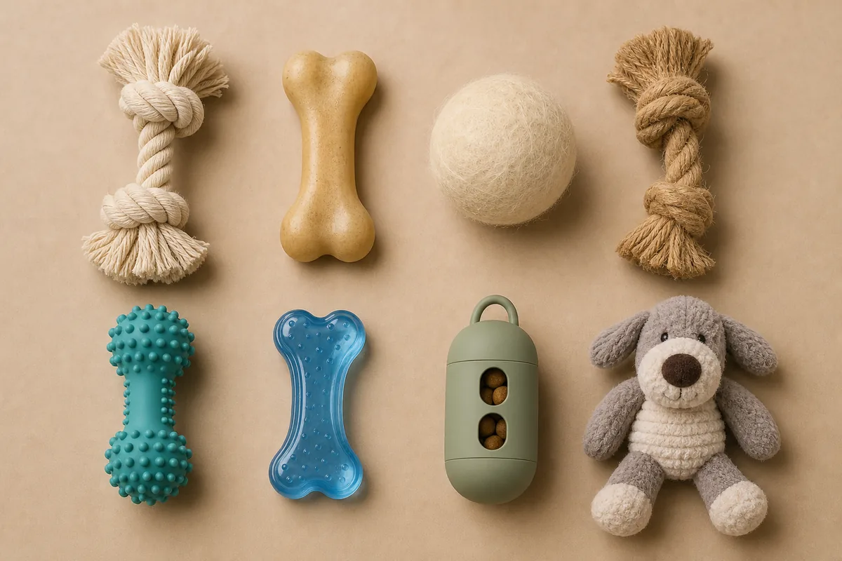 Matrice decisionale visiva: materiali naturali (corda di cotone, gomma naturale, feltro di lana, juta) vs materiali sintetici (TPR, TPU, silicone, peluche in poliestere) affiancati