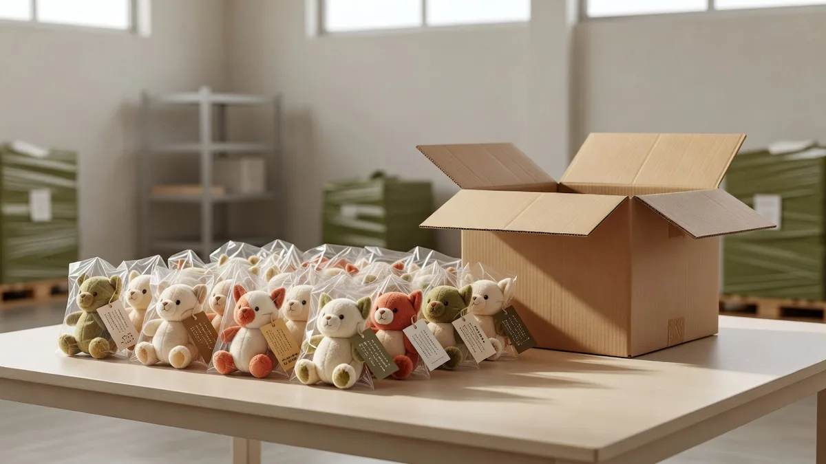 Peluche per animali in polybag con hangtag accanto al master carton aperto per il packing export presso uno stabilimento fornitore