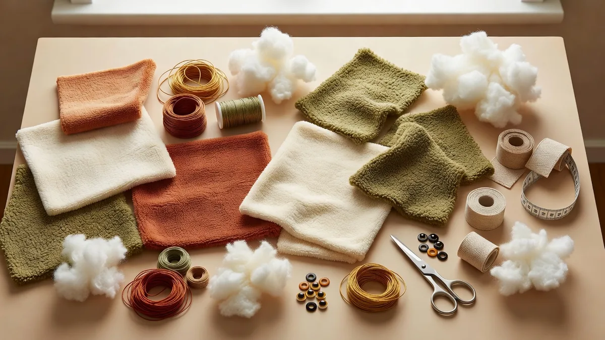 Flatlay dei materiali di un fornitore di peluche per animali: tessuto a pelo corto, sherpa, fiberfill, filo da ricamo, occhi a blocco e etichette tessute su un banco di campionatura caldo