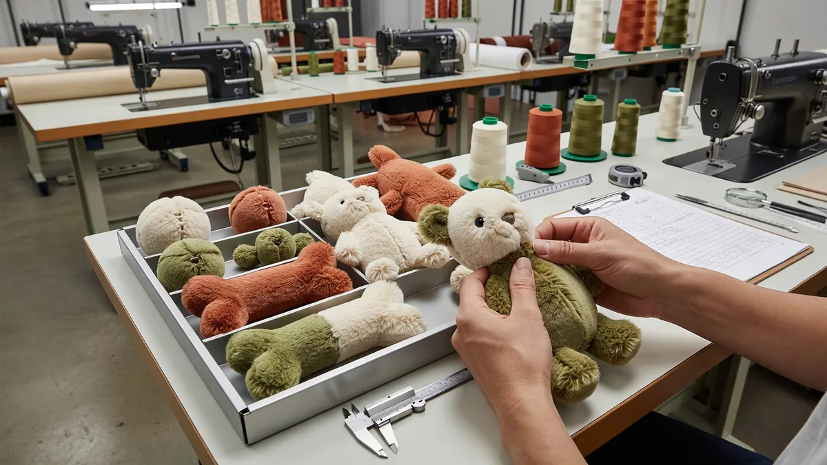 Ispettore di controllo qualità che verifica la resistenza della cucitura su un peluche per animali in un laboratorio di confezione del fornitore, con vassoio di ispezione AQL