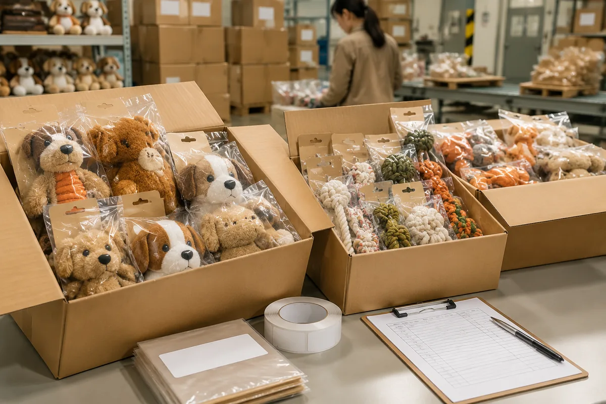 Pack-out in cartone export di toy pet private label brandizzati, con polybag stampati ed etichette barcode per spedizioni wholesale