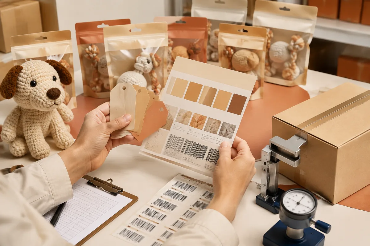 Banco QC packaging che confronta prove colore degli hangtag e sticker barcode per articoli pet private label prima dell’export