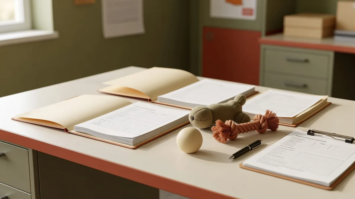 Cartelle di rapporti di laboratorio, campioni di giocattoli e un tech pack firmato predisposti per la revisione della certificazione dei giocattoli per animali