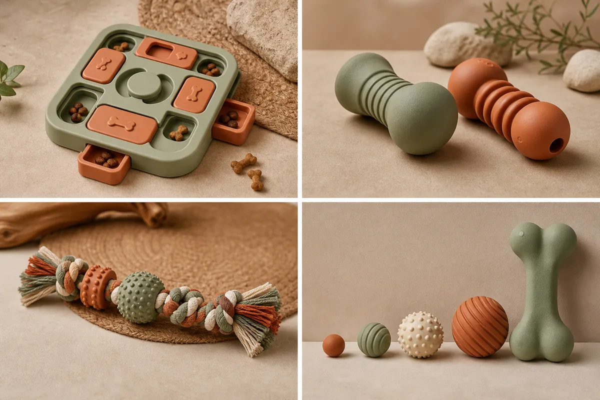Quattro trend di design per giocattoli pet: puzzle di arricchimento, masticabili minimal nei toni della terra, tug multi-texture e design inclusivi dalla taglia mini alla gigante