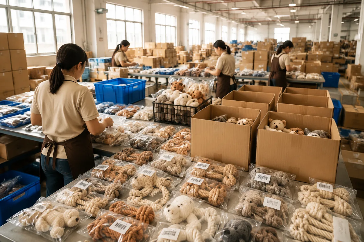 Reparto di imballo export per giocattoli per animali ecommerce, con poly bag, barcode e cartoni pronti FBA