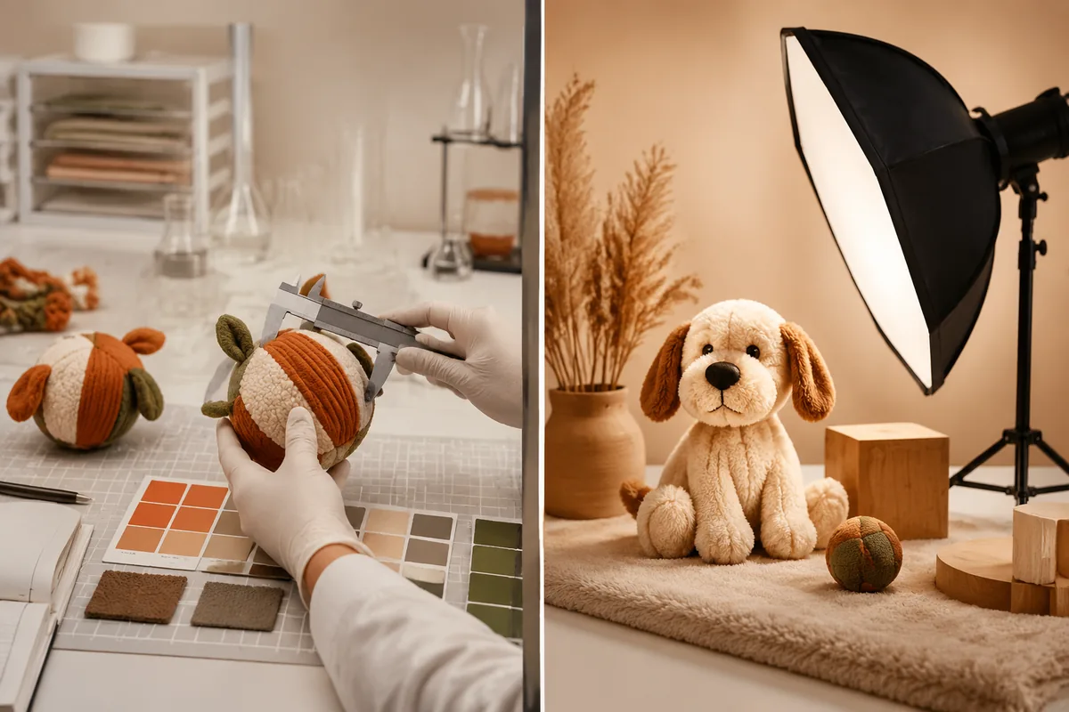 Confronto fianco a fianco tra campione di produzione di giocattolo per animali e checklist foto di scheda per il QC del brand ecommerce
