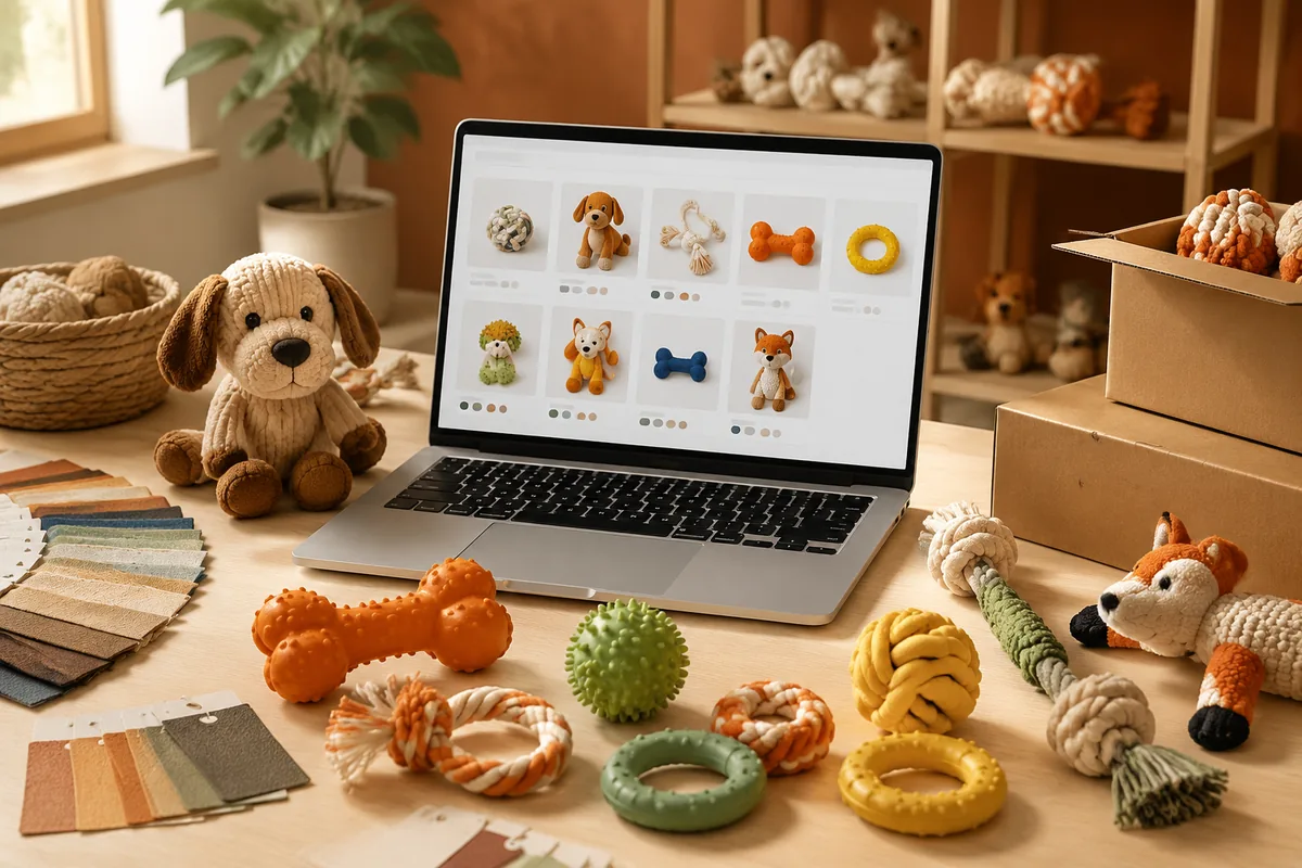 Scrivania di campionatura per brand ecommerce di giocattoli per animali, con SKU di catalogo, set fotografico di scheda e campioni di cartone FBA
