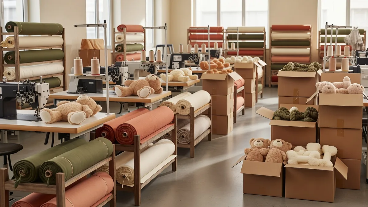 Reparto di produzione di giocattoli per animali con linee di cucitura, scaffali materiali e cartoni da export