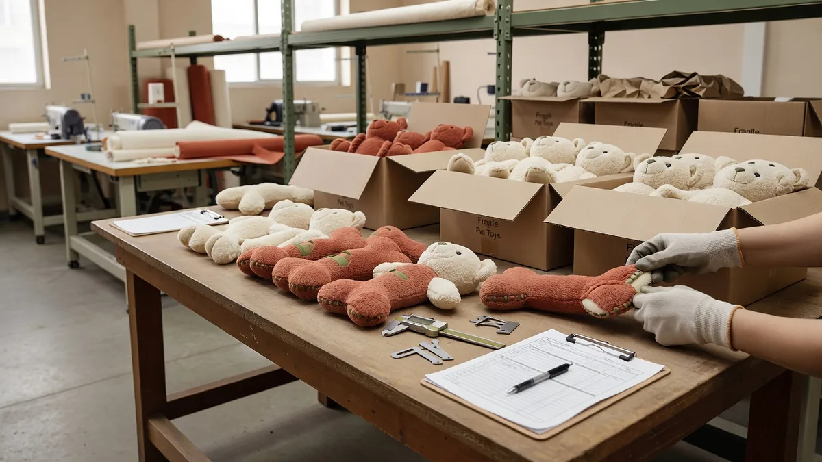 Banco QC e pack-out che controlla le cuciture dei peluche prima dei cartoni export in un impianto di giocattoli per animali