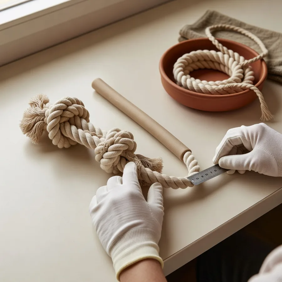 Controllo QC con guanti di un puppy rope knot e di un masticabile TPR sottile per un ordine startup di giocattoli per animali