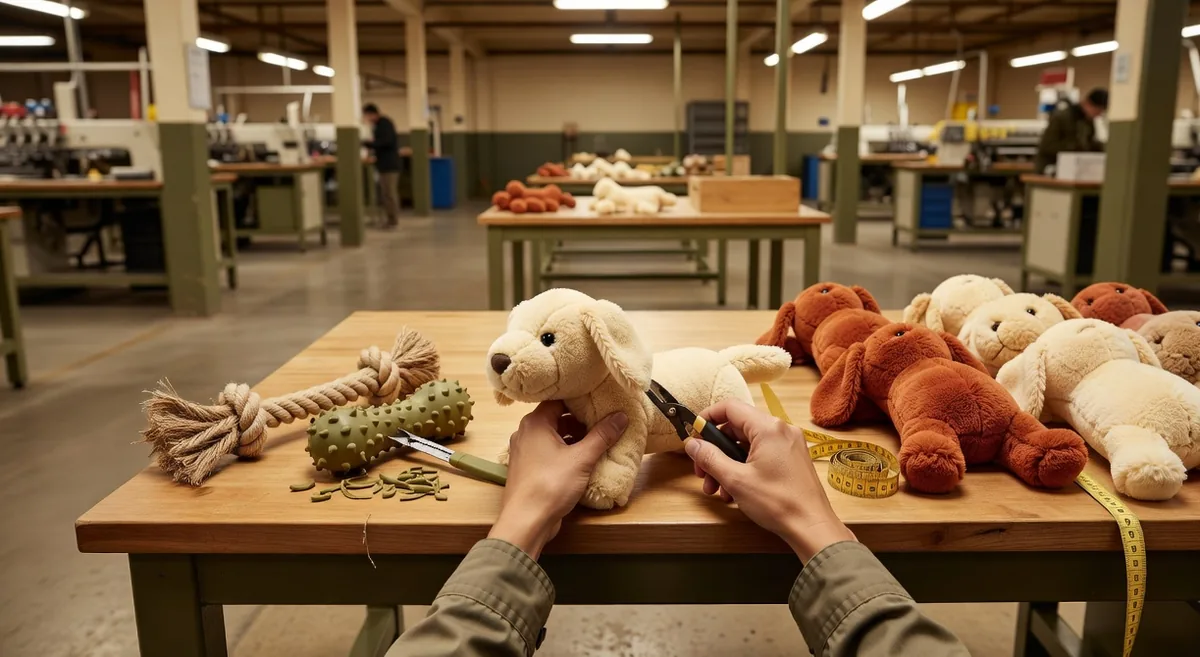 Banco QC in linea: controllo di cuciture del peluche, giunzioni della corda e bave di stampaggio per il controllo qualità dei giocattoli per pet in Cina