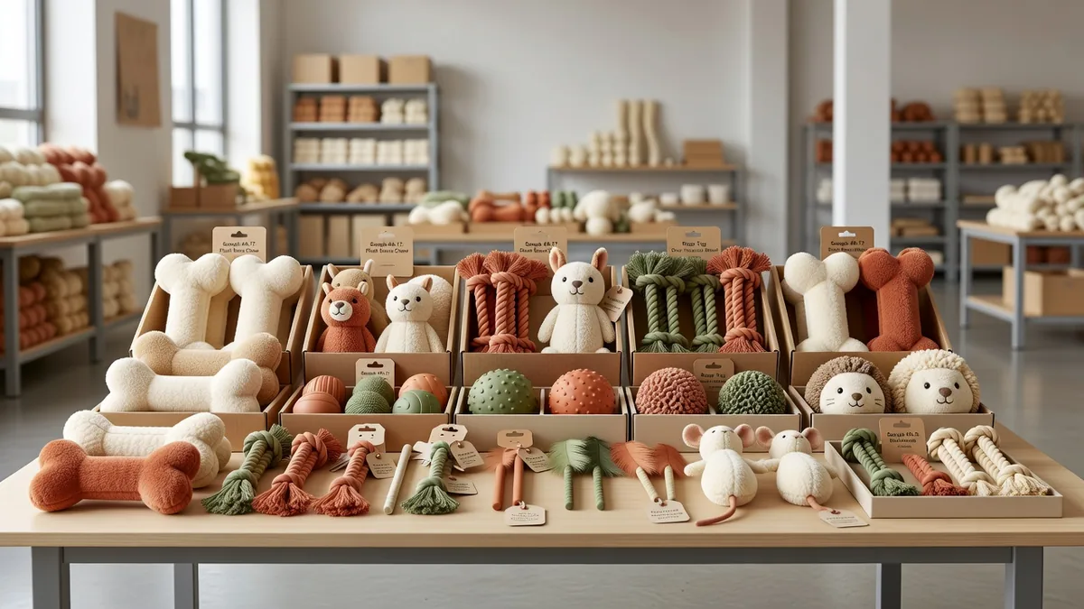 Assortimento di giocattoli per animali su un banco di campionatura B2B, per distributori wholesale che valutano SKU in peluche, corda e gomma