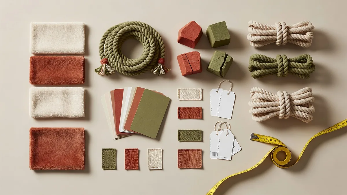 Flatlay materiali per RFQ di distributori wholesale di giocattoli per animali: tessuto peluche, corda, campioni TPR, hangtag, cartelle colore