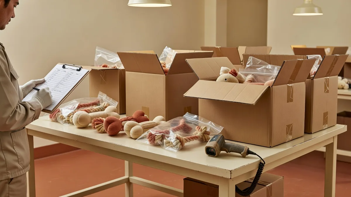 Banco QC e pack-out per programmi di distributori wholesale di giocattoli per animali, con checklist di ispezione e master carton