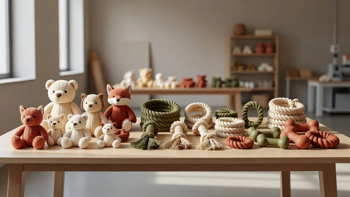 Banco di campionatura con peluche, corde e giocattoli in gomma per animali disposti per la revisione dell'assortimento B2B