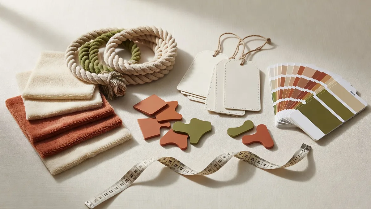 Flatlay materiali per fornitore di giocattoli per animali: campioni di tessuto peluche, campioni di corda, pezzi in TPR, hangtag e cartelle colore