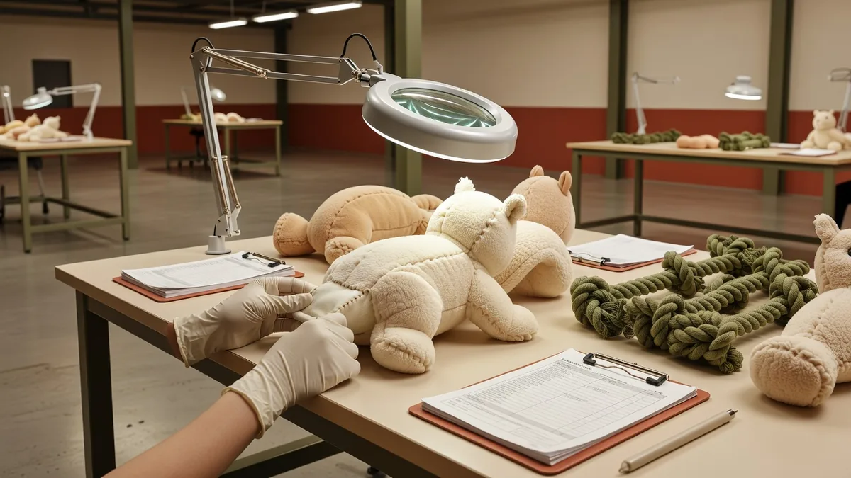 Banco QC di fabbrica che ispeziona cuciture di peluche e giunzioni di corda sui giocattoli per animali prima della spedizione
