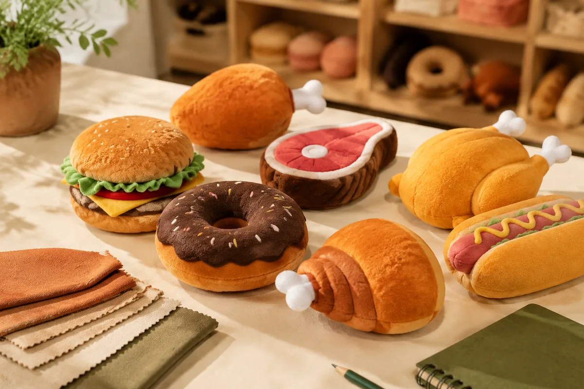 Assortimento di peluche a forma di cibo per cani, tra cui ciambella, coscia di pollo e hamburger, su un banco di campionatura color crema caldo per buyer all'ingrosso