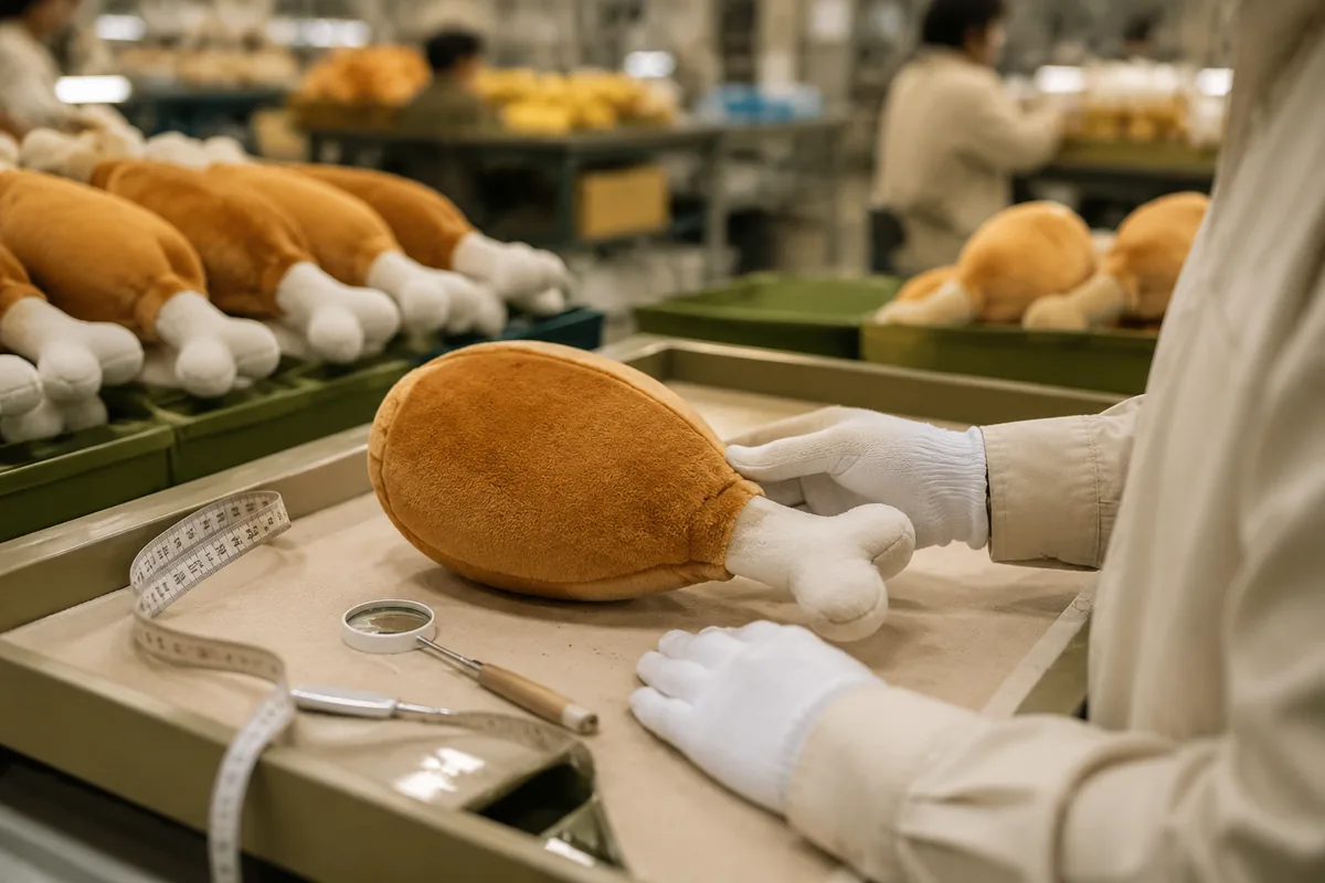 Ispettore qualità che verifica la resistenza delle cuciture su un peluche a forma di coscia di pollo per cani in un laboratorio di cucito in Cina