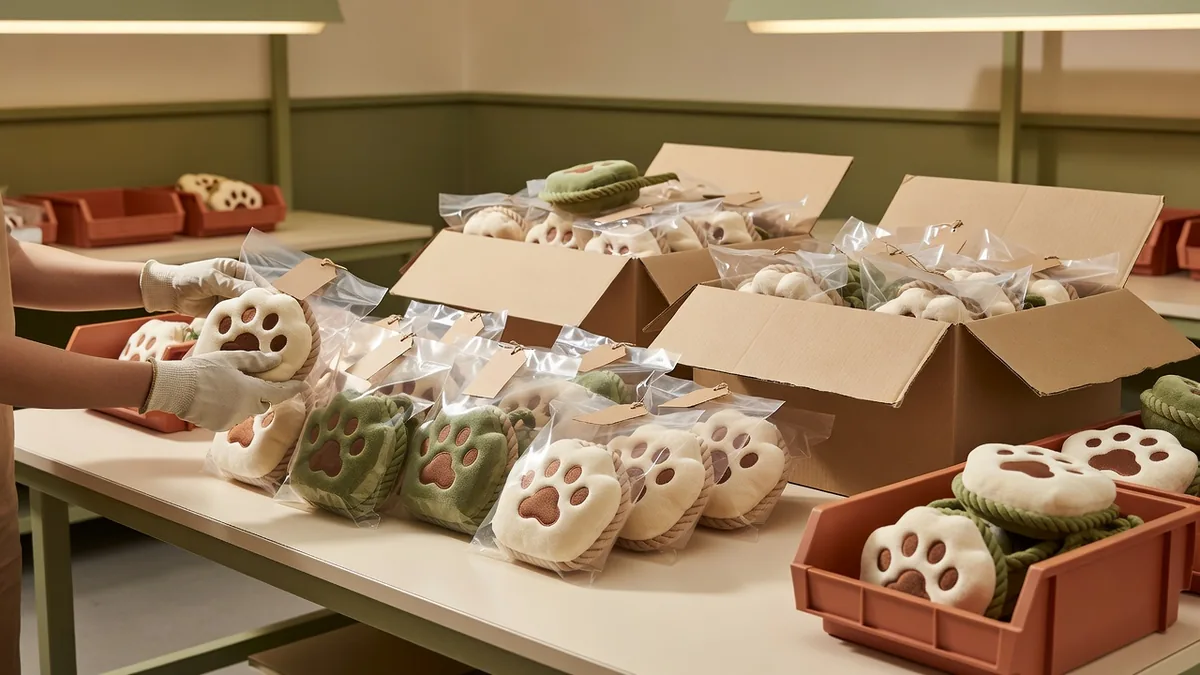 Pack-out export di pantofole peluche con zampa e corda per cani in polybag e master carton