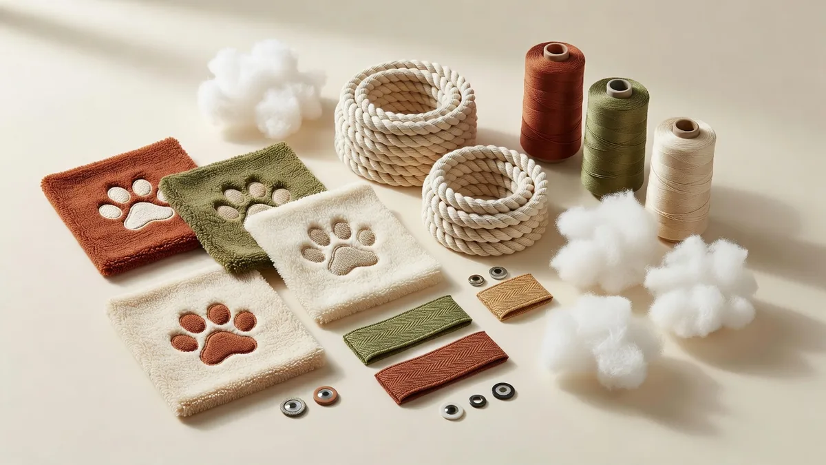 Campioni di tessuto peluche, bobine di corda di cotone, imbottitura, etichette tessute e campioni di ricamo per la produzione di pantofole a zampa per cani