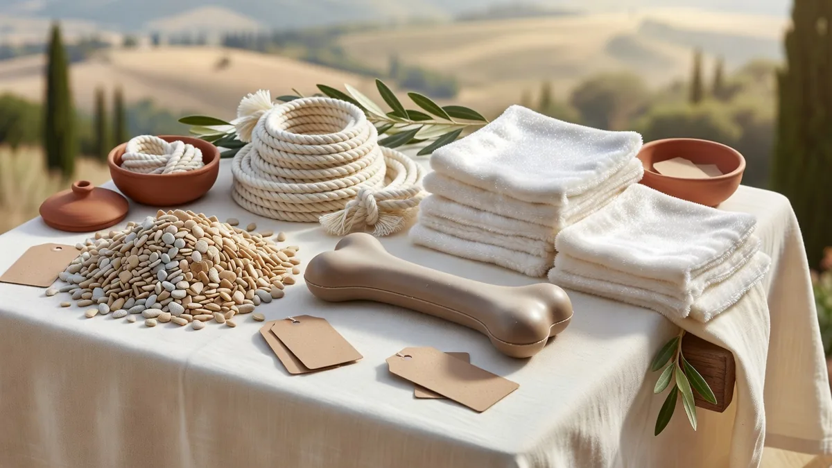 Campioni di materiali e masticativi stampati disposti per la revisione presso un produttore di giocattoli per animali conforme a REACH