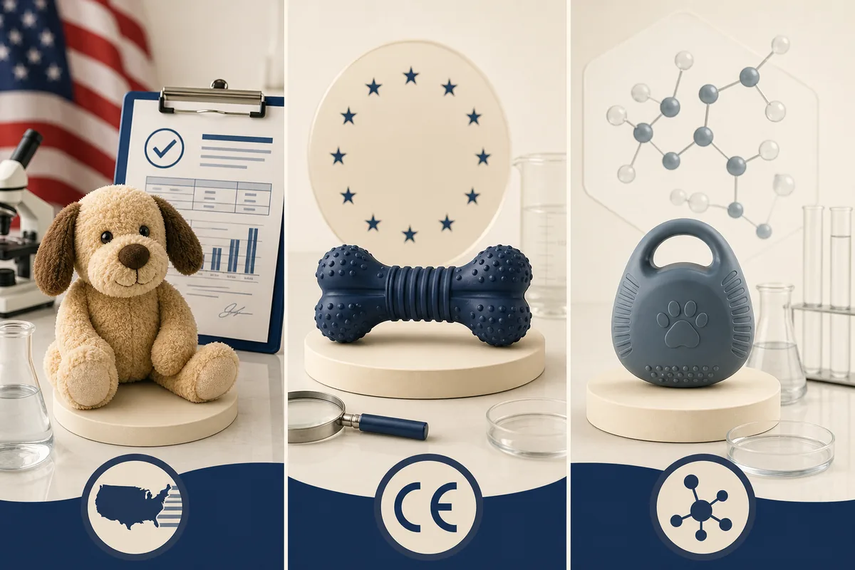 Confronto visivo di tre standard di sicurezza: CPSIA USA, EN71 UE e REACH UE, ciascuno nel proprio contesto di test