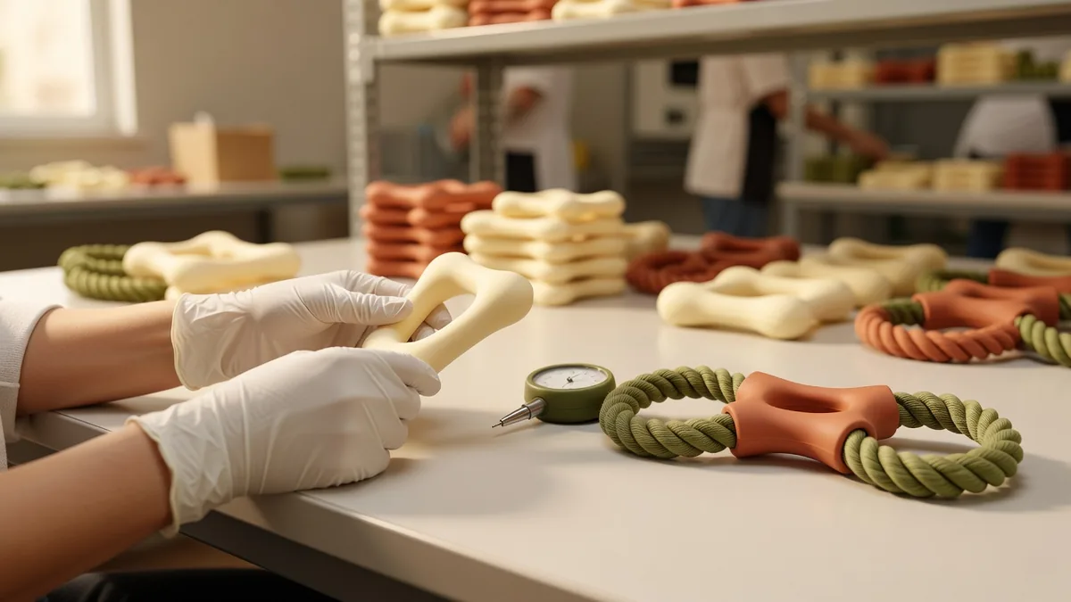 Banco QC che ispeziona giocattoli in silicone per la dentizione dei cani: bave, durezza Shore e giunti del manico in corda