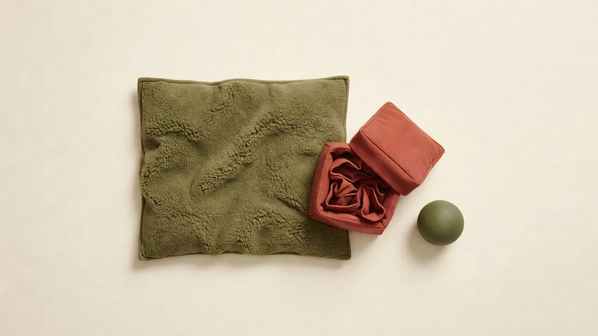 Tappetini slow-feed in fleece accanto a un box snuffle in cotone e TPR e a una pallina stampata in TPR