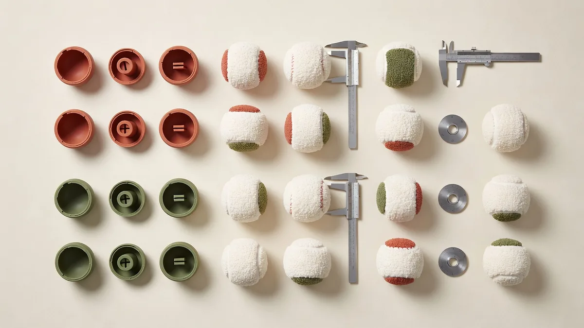 Flatlay dei materiali delle palline squittenti con gusci in gomma TPR, coperture tennis in tessuto, squitti ad ancia in plastica e calibri di misura