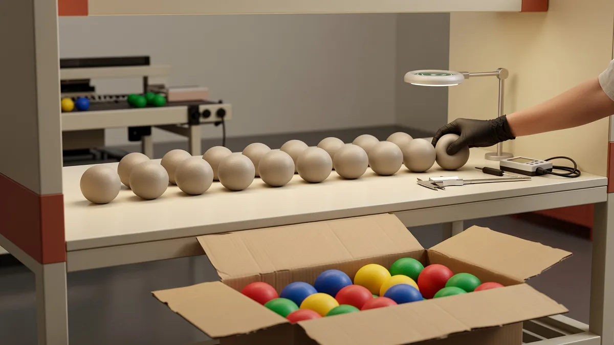 Banco QC per palline squittenti per cani all'ingrosso con test dello squittio, controllo parete e pack-out del cartone