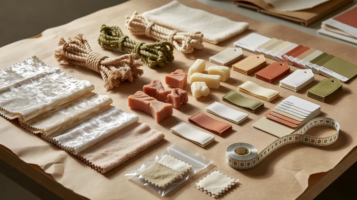Flatlay materiali e QC per forniture pet all'ingrosso a basso MOQ: swatch plush, corda, campioni TPR, hangtag, chip colore