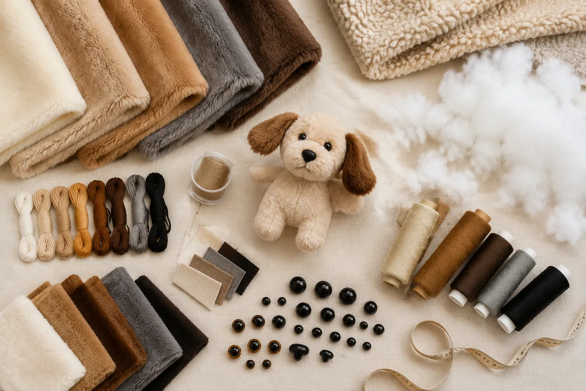 Flatlay di materiali di una fabbrica di peluche per cani all'ingrosso con tessuto a pelo corto, sherpa, fibra di imbottitura, filo da ricamo, occhi di sicurezza e etichette tessute per RFQ buyer