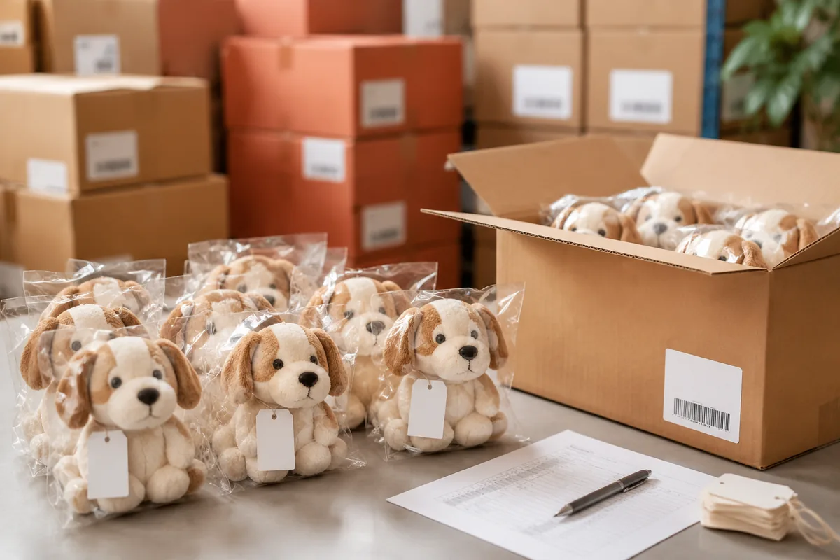Peluche per cani all'ingrosso in polybag con hangtag accanto a un master carton aperto per il packing export in una fabbrica cinese