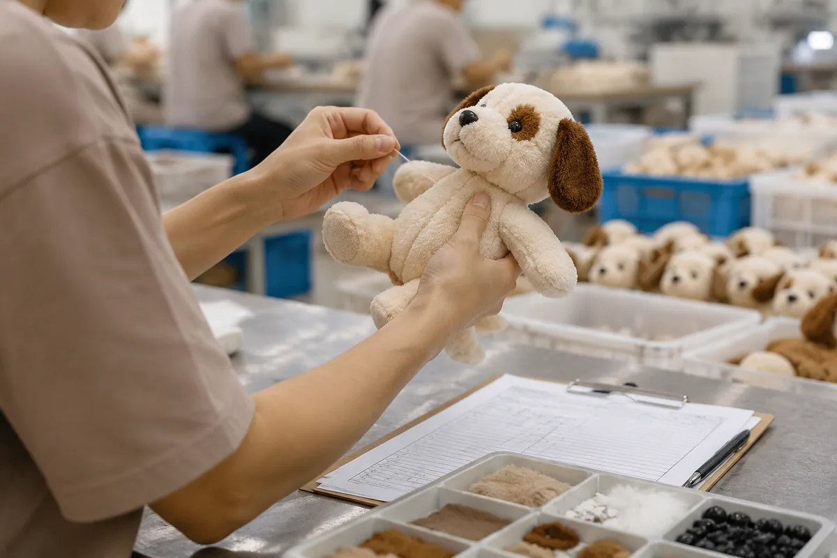 Ispettore qualità che verifica la tenuta delle cuciture su un peluche per cani in un laboratorio di cucito di una fabbrica wholesale in Cina con vassoio AQL