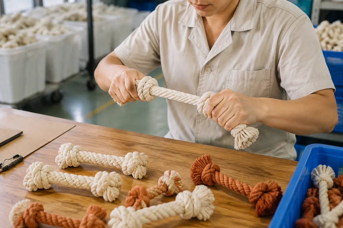 Ispezione QC al tiro su giocattoli da masticare in corda per cani all'ingrosso in un laboratorio di fabbrica